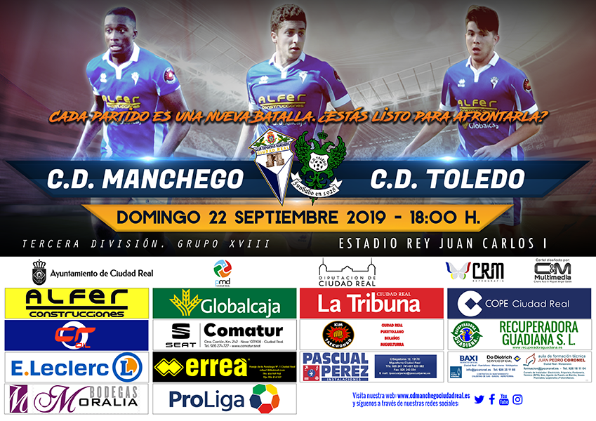 👋¡¡Buenos días mancheguistas, buenos días afición!!
⚽️⚽️ ¡HOY ES DÍA DE PARTIDO! ¡HOY JUEGA NUESTRO C.D. MANCHEGO! ⚽️⚽️

🏆 TERCERA DIVISIÓN G. XVIII 
📆 Domingo 22 de Septiembre 2019.
🆚 <a href="/CD_Toledo/">C.D. Toledo 🦅💚⚪️</a> 
⏱ 18:00 h.
🏟 Estadio Juan Carlos I

#AupaManchego #VamosManchego