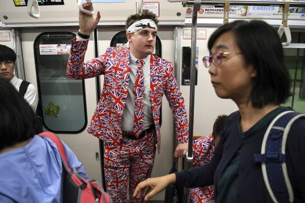 EnglandRugby's tweet photo. #ENGvTGA  England fans blending in with the locals on the metro in Sapporo 👀 

#CarryThemHome https://t.co/jQcfecvk61