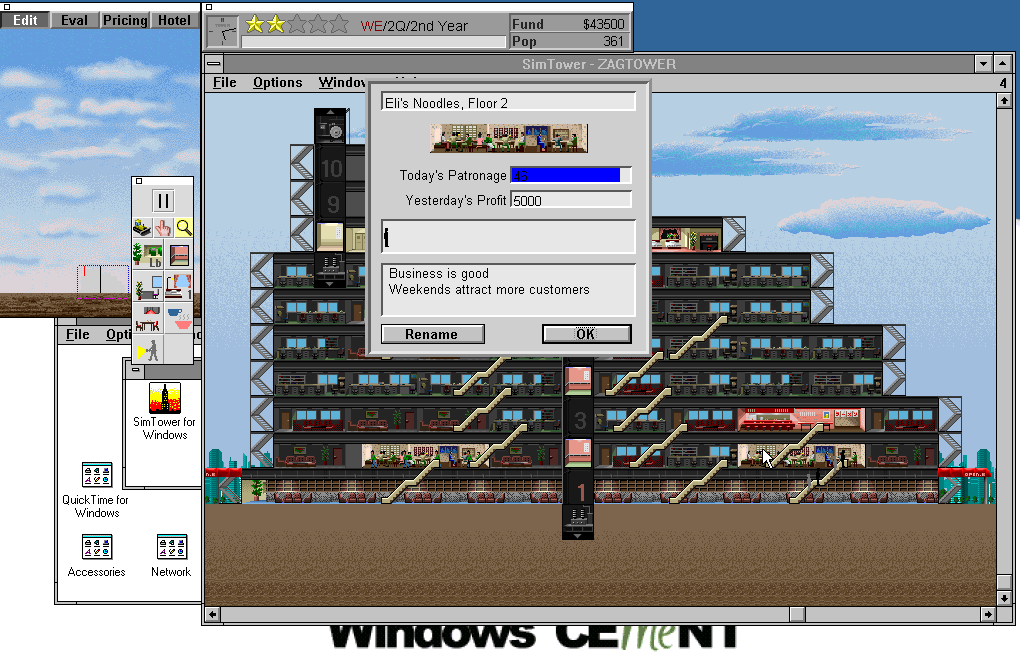 zagrebista's tweet image. Enjoying #SimTower, ten stories high so far. And I've managed to throw-in a @TheCheapShowPod reference for my own (and now your) amusement: