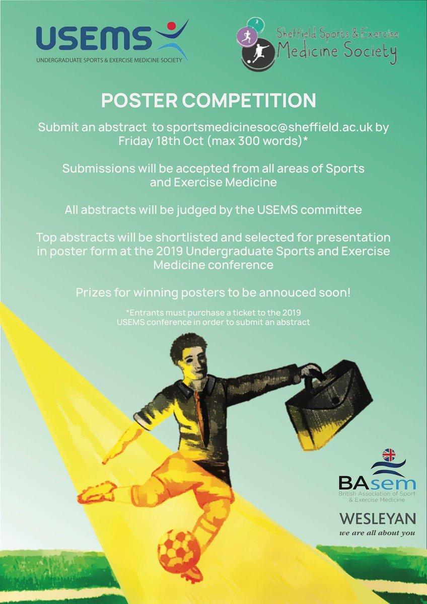 USEMS 7th Annual Conference

Do you have research in Sports and Exercise Medicine you want to present?

Submit your abstract to sportsmedicinesoc@sheffield.ac.uk by 18th October 

Early Bird Tickets still available for the conference - don’t miss out! 🤸🏽‍♀️

#USEMS19 #USEMSpotlight
