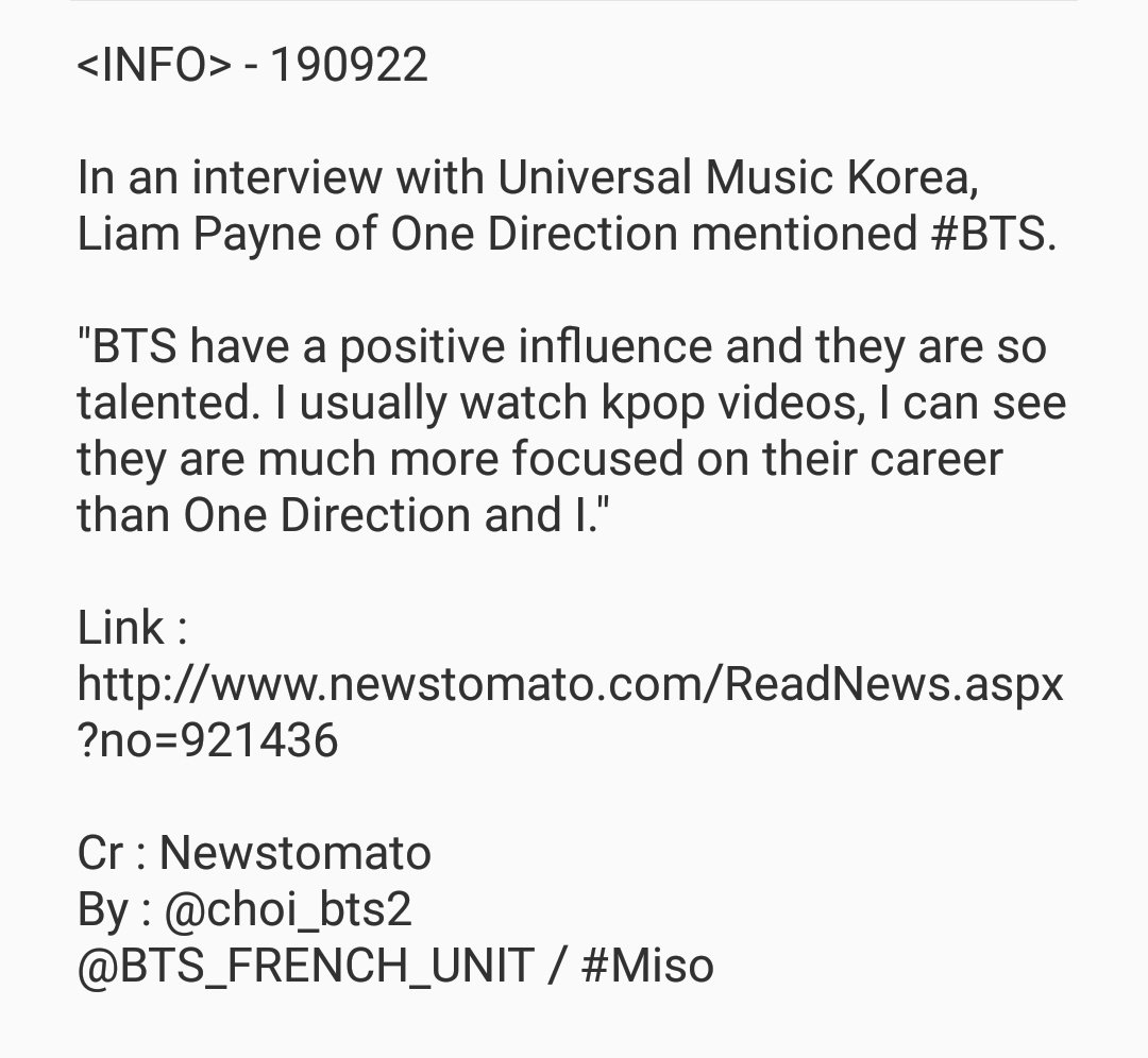 Bts French Unit Info In An Interview With Universal Music Korea Liam Payne Of One Direction Mentioned Bts Translation In Pictures Link T Co Xvl3qudqgt Cr Newstomato