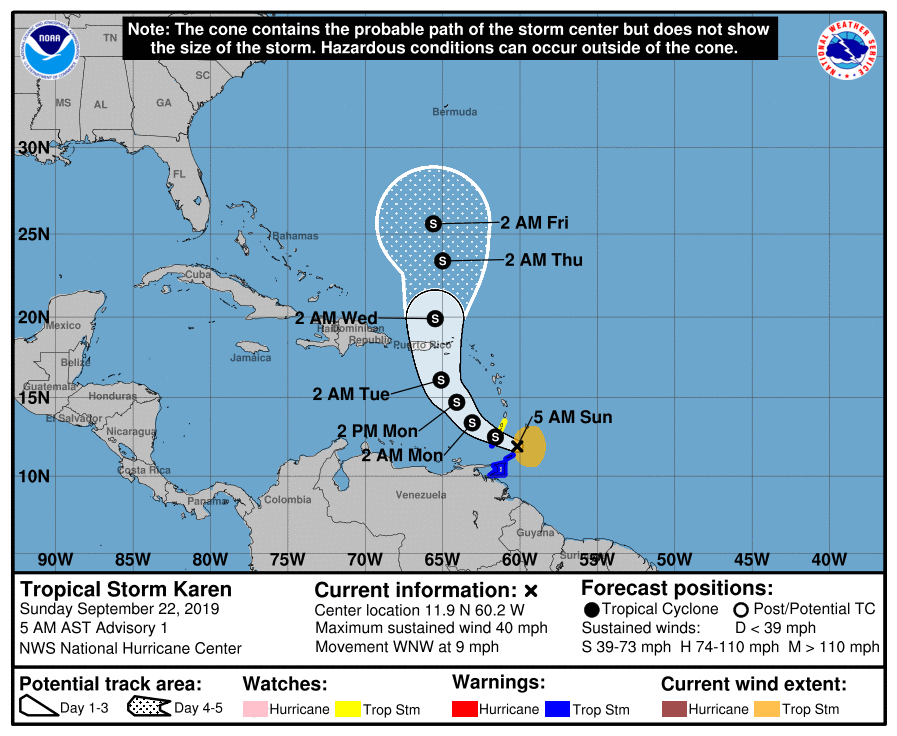 NHC_Atlantic's tweet photo. NEW: Tropical Storm #Karen has formed in the Windward Islands this morning, and a variety of watches and warnings are in effect.  A Tropical Storm Watch could be issued later today for Puerto Rico and the Virgin Islands.  Full advisory: https://t.co/tW4KeFW0gB https://t.co/Pptq1f8jQv