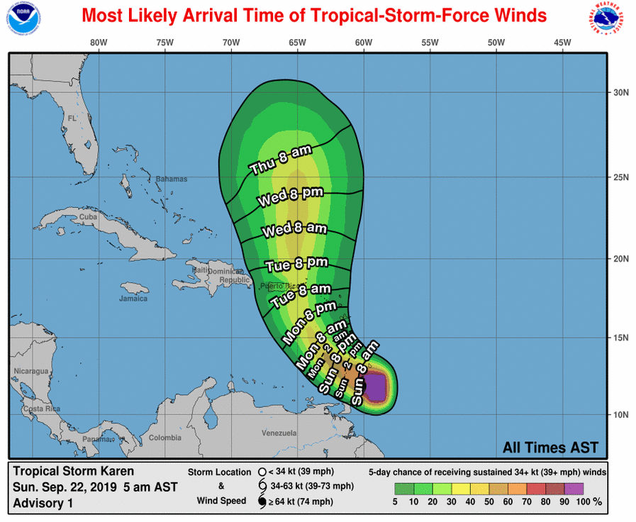 NHC_Atlantic's tweet photo. NEW: Tropical Storm #Karen has formed in the Windward Islands this morning, and a variety of watches and warnings are in effect.  A Tropical Storm Watch could be issued later today for Puerto Rico and the Virgin Islands.  Full advisory: https://t.co/tW4KeFW0gB https://t.co/Pptq1f8jQv