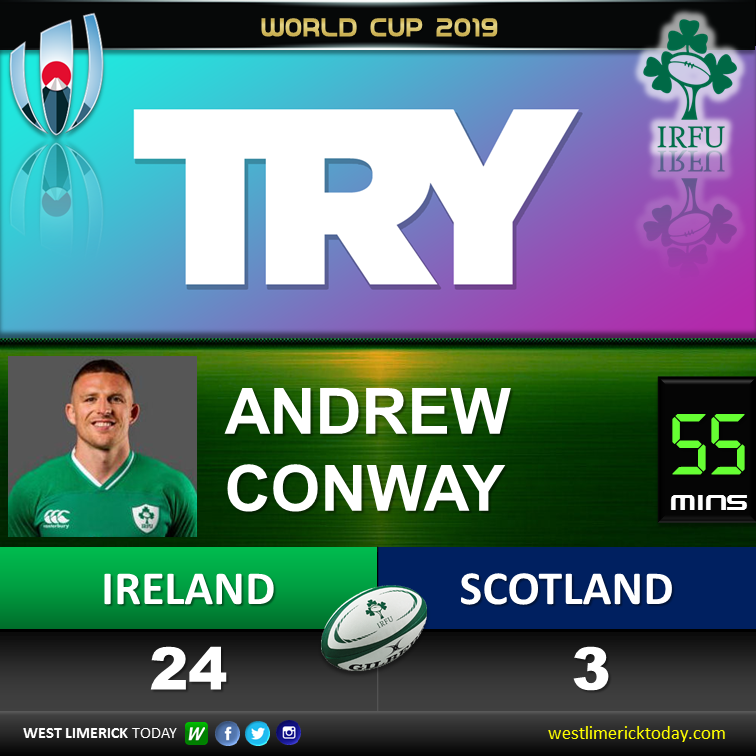 WestLkToday's tweet photo. Andrew Conway with a jinking run and over the line he goes! Try number 4! Murray misses difficult conversion. 24-3 to Ireland. https://t.co/Bzb0oHqCFy