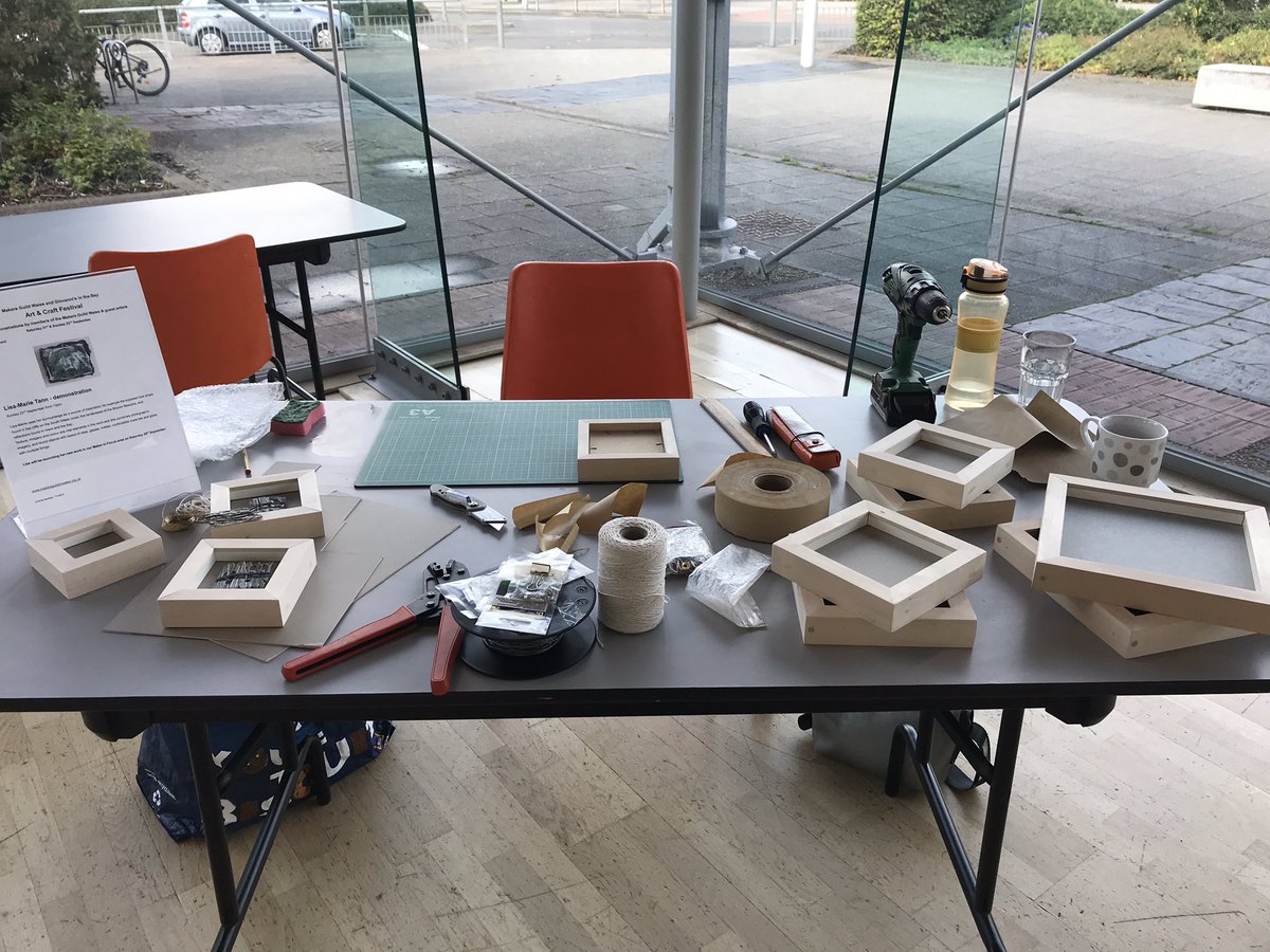 lisa_tann's tweet photo. Frame making in @MakersWales  today. Finishing off new work for the opening of Maker in Focus this Saturday 28th 3pm! #ceramics #design #welshart #colour #texture #art #contemporaryceramics #framing https://t.co/tNJb4RSoVJ