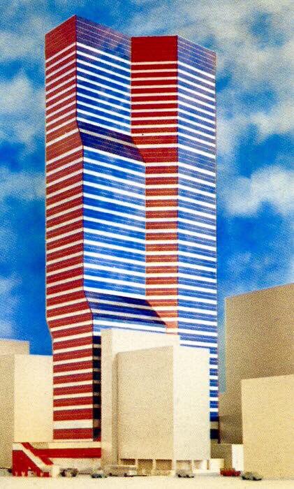 Original red & blue striped design for the UN Plaza building by Roche-Dinkeloo 1969-75