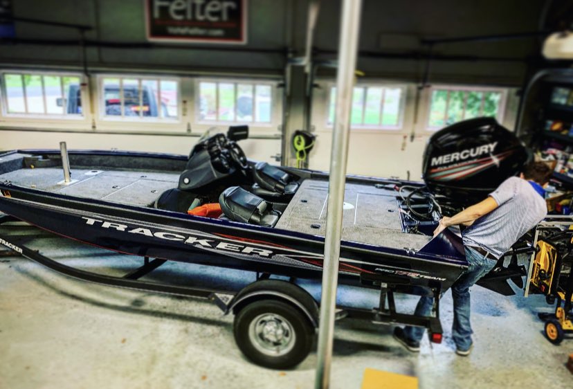 LaLainOz's tweet photo. Thanks to @trackerboats and @HumminbirdFish my son has taken over my entire three car garage prepping for fishing for @KState #lifeisgood #thanksforthefun #fishfearhim @Gfelter2 https://t.co/ql1j8hki4C