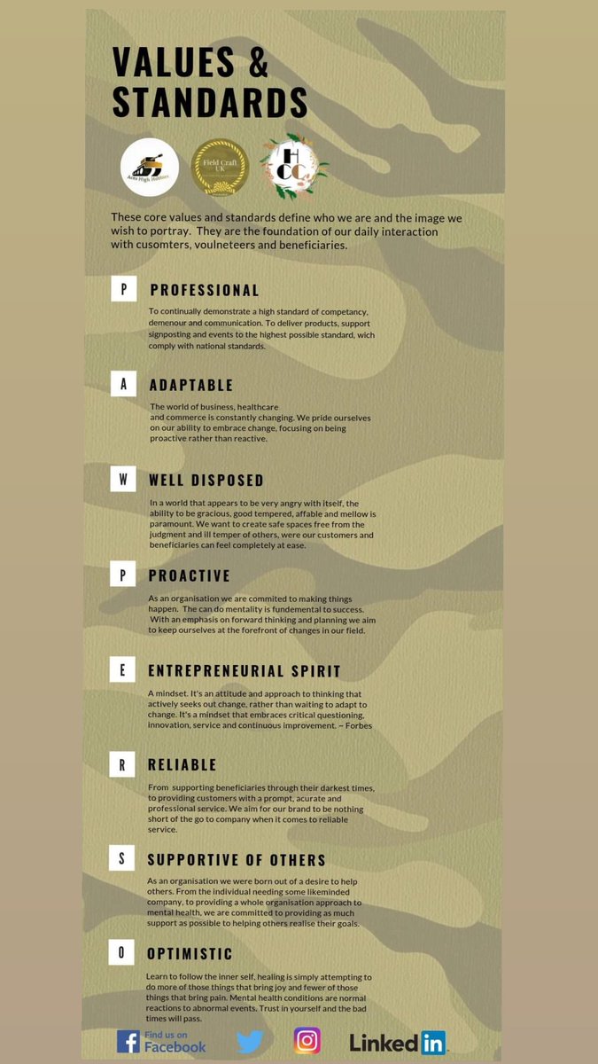 FieldCraftUK1's tweet photo. Core values and standards that define who we are and the image we wish to portray. #veteranowned #fieldcraftuk #smallbusiness #Twitter #SBS #startup #MentalHealthMatters #Professional #craftbizparty 💂‍♂️✂️ https://t.co/Vf3eP1eYgP