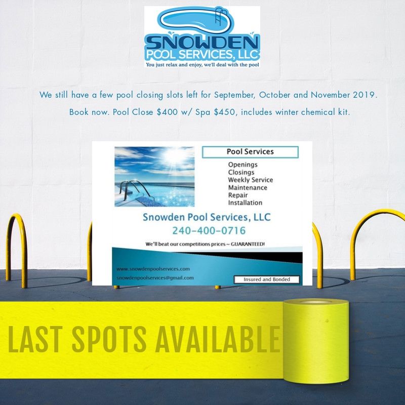 SnowdenPoolSvcs's tweet photo. We still have a few pool closing slots left for September, October and November 2019. Book now. Pool Close $400 w/ Spa $450, includes winter chemical kit. #frederickmd #frederick #pool #poolclose #closingpool #md https://t.co/fqU0qBulCM