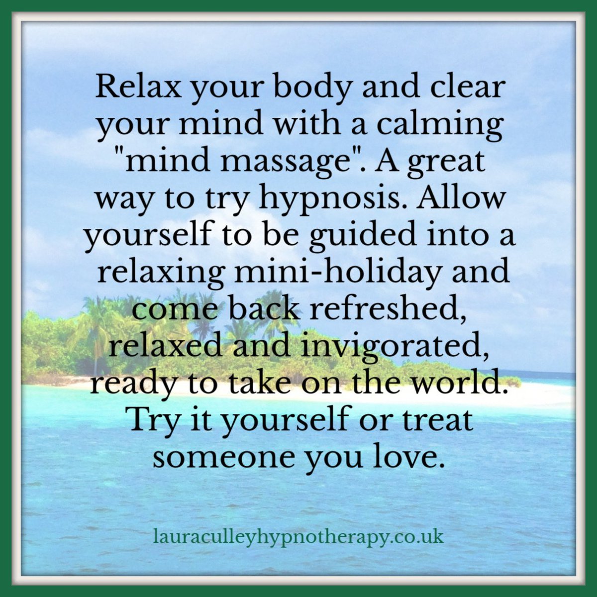 lauraculleyhyp's tweet photo. Are you curious about hypnotherapy? Would you like to try it? A relaxing "m...
#MindMassage #RelaxationSession #RelaxWithHypnosis #LauraCulleyHypnotherapy #HonitonHypnotherapy #DevonHypnotherapist #ClearYourMind #GetSomePerspective #CalmYourMind #FindYourHappy #ItsAllInsideYou https://t.co/7hBlZtzFIh