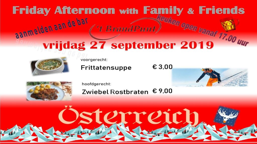 FAFF: Friday Afternoon with Family and Friends a.s vrijdag 27/9 in wijkhuis 't BrandPunt . Lekker samen eten, borrelen en nog wat na praten, u bent van harte welkom, maar laat even weten dat u er bij wilt zijn (aanmelden aan de bar).

agenda.ditisonzewijk.nl/activiteit/201…

#brandevoort #diow