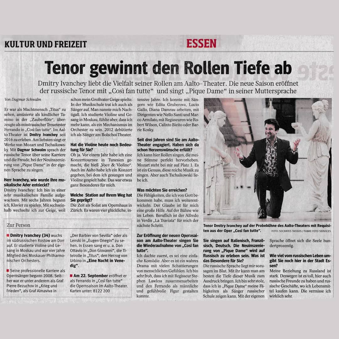 IvancheyTenor's tweet photo. This feeling when you see your face in the biggest regional newspaper of Germany - WAZ.. 
🎉🎇🎉
#dmitry_ivanchey #dmitryivanchey #tenor #tenorlife #tenorslife #opera #instaopera #instagood #instaportait #essen #aaltotheateressen #ilovemyjob❤️ #operasingerofinstagram #waz https://t.co/3o9L8FHLy8