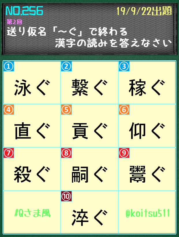 こいつ Qさま風漢字問題出題します٩ ۶ 解答リプには随時返信しますので お気軽にどうぞ 正解発表は21時頃を予定しています No 256 送り仮名 ぐ で終わる漢字の読みを答えなさい 2 Qさま風 T Co 7mtksgdgh7 Twitter