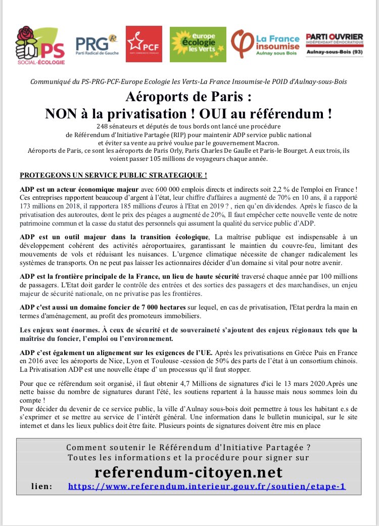 Guy Challier (@challierg) on Twitter photo Mobilisation de la gauche (PS,PRG,PCF,EELV,LFI,POID)pour le référendum contre la privatisation d’ADP ce matin sur les marchés d’Aulnay, NON à la privatisation! OUI au référendum! @Alain_Amedro <a href="/OussoufSiby/">oussoufsiby</a> <a href="/Ahmedlaouedj68/">Ahmed Laouedj</a> <a href="/demonceaux5/">demonceaux</a> <a href="/LaurentComparot/">Laurent Comparot</a> <a href="/Miguel93600/">Hernandez</a> @Jack93Insoumis Mobilisation de la gauche (PS,PRG,PCF,EELV,LFI,POID)pour le référendum contre la privatisation d’ADP ce matin sur les marchés d’Aulnay, NON à la privatisation! OUI au référendum! @Alain_Amedro <a href="/OussoufSiby/">oussoufsiby</a> <a href="/Ahmedlaouedj68/">Ahmed Laouedj</a> <a href="/demonceaux5/">demonceaux</a> <a href="/LaurentComparot/">Laurent Comparot</a> <a href="/Miguel93600/">Hernandez</a> @Jack93Insoumis