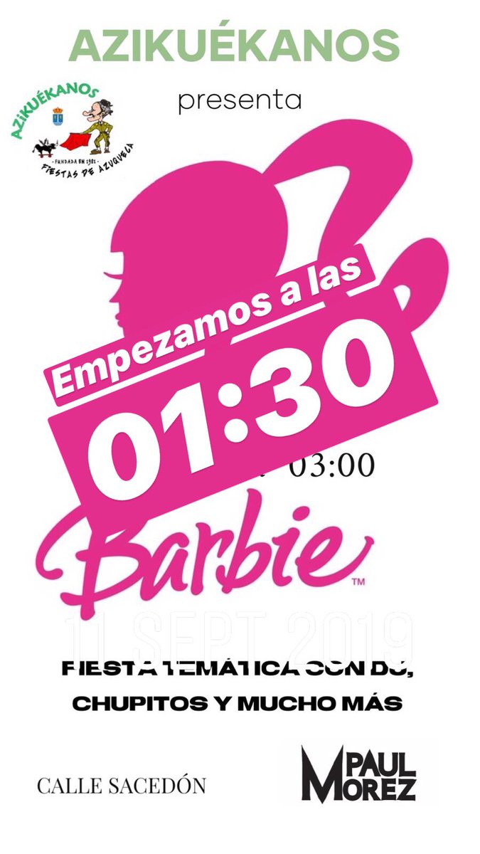 azikuekanos's tweet photo. Por la charanga retrasamos un poco la fiesta Barbie. Empezamos a las 01:30. https://t.co/lXWmOYA51U