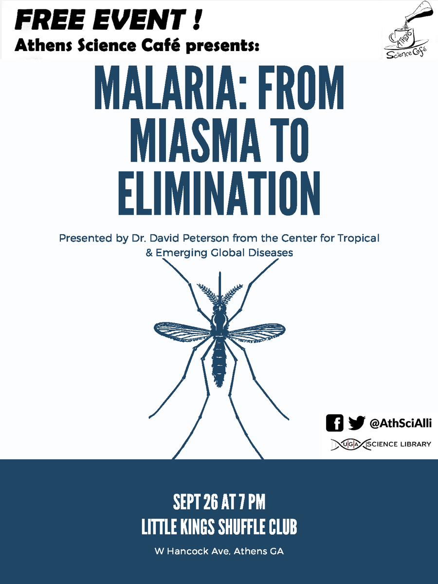 athscicafe's tweet image. Ready for #AthensScienceCafe this week?! #AthensScienceObserver writer Mark Barnhart previews Malaria: From Miasma to Elimination! #scicomm #Malaria @CTEGD 

athensscienceobserver.com/2019/09/22/mal…
