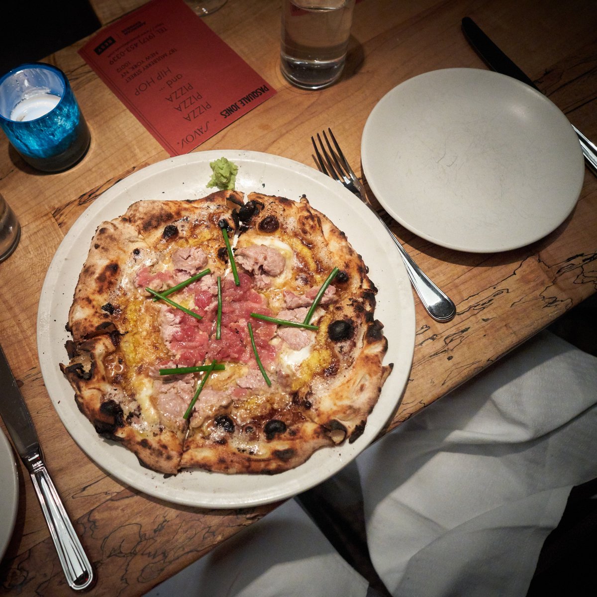 Pizza Savoy (at Pasquale Jones), New York City - Tuna (cooked &amp; raw), sweet corn puree