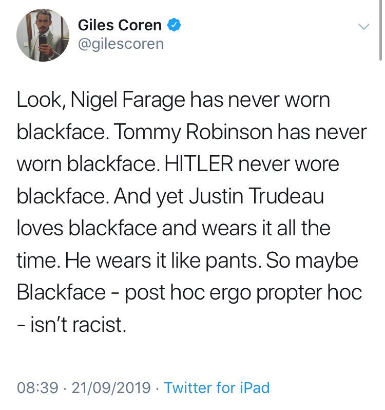 Giles Coren is now trying to argue "blackface" isn't racist. There's obviously no excuse for Trudeau's fancy dress escapades. But Giles, seriously, this?!