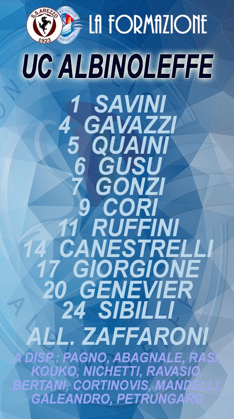 UCAlbinoLeffe's tweet photo. Ecco gli 11 scelti da mister Zaffaroni per il match contro l'@ArezzoCalcio! 😍
#AREALB ⚽️
#ForzaScècc 🤙
#ForzaaL 💙 https://t.co/icpOmP4qJ9