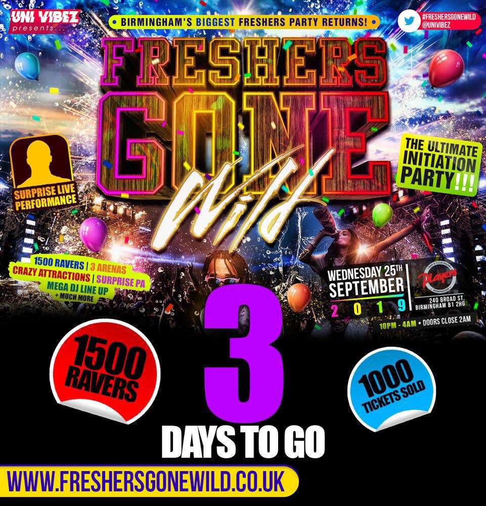 PureBashmentUK's tweet photo. #FreshersGoneWild🤪
Birmingham’s Biggest Freshers Party Returns 🥳 

3 Days To Go 🤩

1000+ TICKETS SOLD 🤯

3 ARENAS WILL BE OPEN ✅

Get Your Tickets Now‼️

➡️ https://t.co/JxX40Zm3zO https://t.co/jWz5WPOkTi