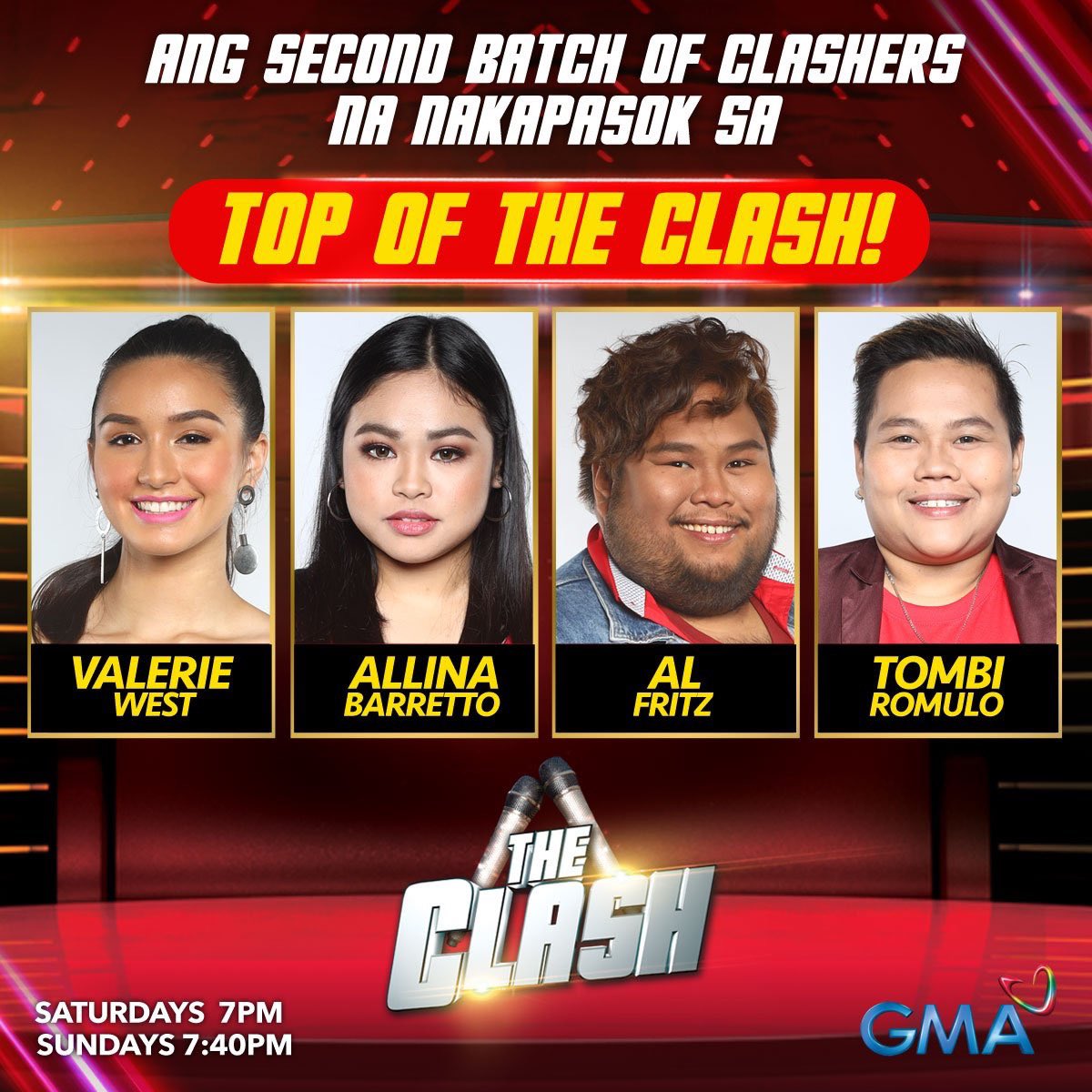 geebragancia's tweet photo. Ang pitong Clashers na nakapasok sa TOP OF THE CLASH! JUN, THEA, MARLON, VALERIE, ALLINA, AL FRITZ, and TOMBI! #GMATheClash2019 @junsisa @theaastley @valeriewest_ @vanillallina @QuizonTombi @GMATheClash https://t.co/bX2t3ms9Wy