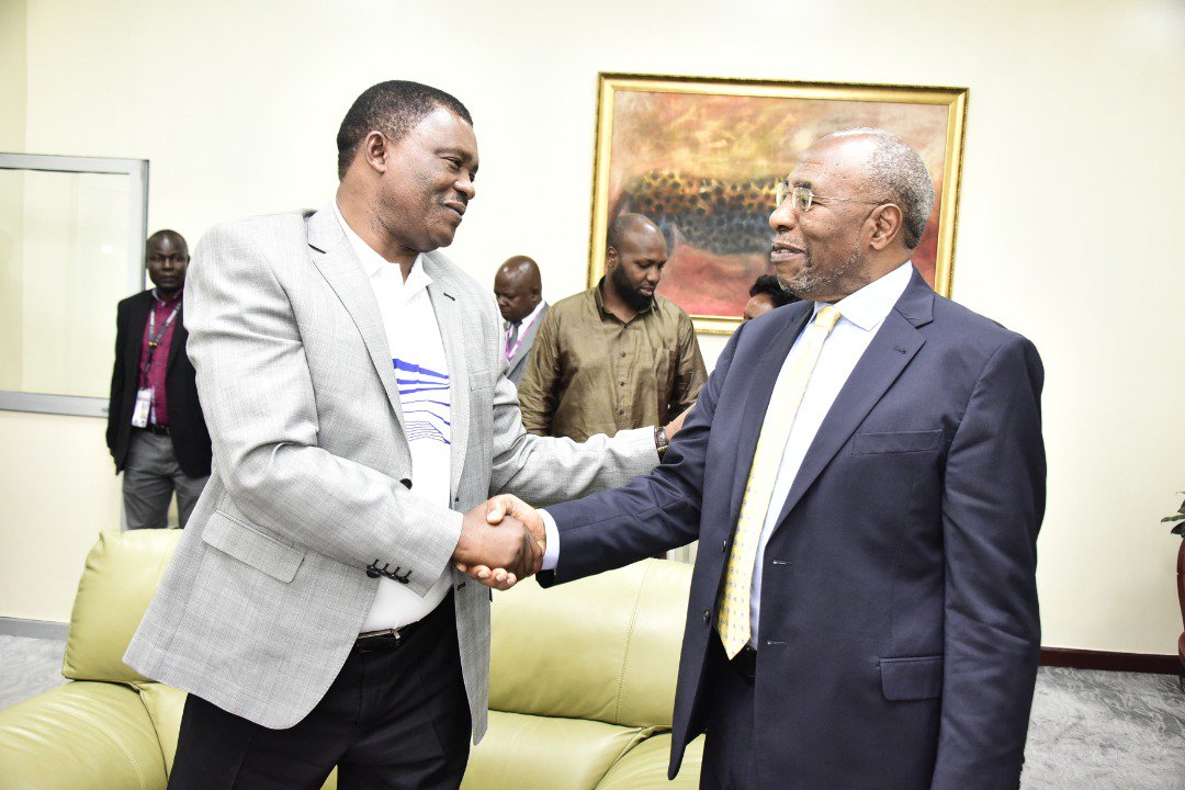 Prime Minister, Ruhakana Rugunda welcomes the Speaker of Parliament of Kenya, Justin Muturi to the #64CPC2019