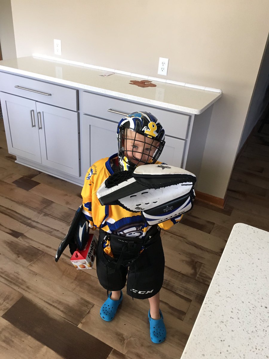 I hear River yell “I’m ready for church!” Shows up in the kitchen looking like this... 🤦🏻‍♂️ #ChurchTimBitsHockey #HeGetsIt