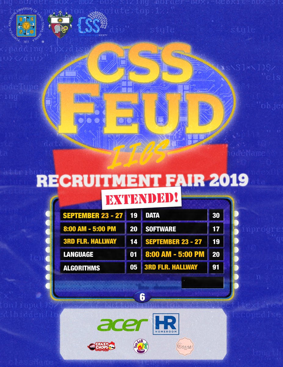 USTCSS's tweet photo. We're thrilled to announce that the CSS Feud will be having another round! Catch us once more from September 23 to 27 at the Roque Ruaño 3rd Floor Hallway from 8 AM to 5 PM.

What are you waiting for? Come and join CSS! See you there. 💙

#ICSGameWeek2019
#CSSFeud
#SayYesToCSS https://t.co/YHWgM8ikNL