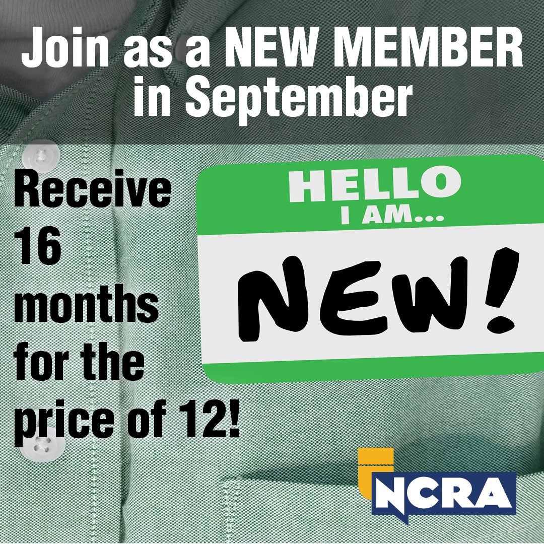 NCRA's tweet photo. Join as a new NCRA member in September, and you receive 16 months of membership for the price of 12!
https://t.co/irHb06Ndkj https://t.co/tGwE3oxHwY