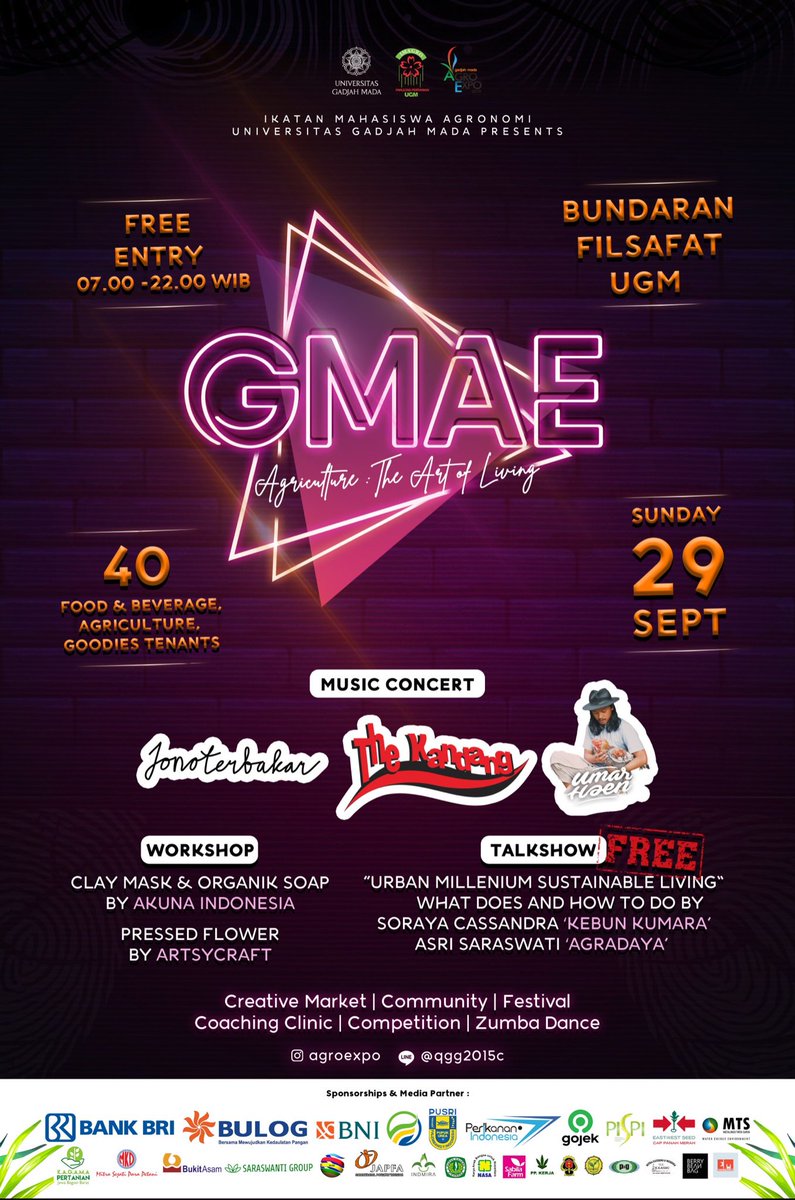 GMAE_2019's tweet photo. THE WAIT IS OVER!
Come and enjoy the greatest weekend you will ever encounter, only at Gadjah Mada Agro Expo 2019. Mark your calendar at Sunday, September 29th 2019.
We're waiting you all to sing and having fun together!
#GMAE2019
#eventjogja
#yogyakarta
#eventugm https://t.co/95GOtkuICm