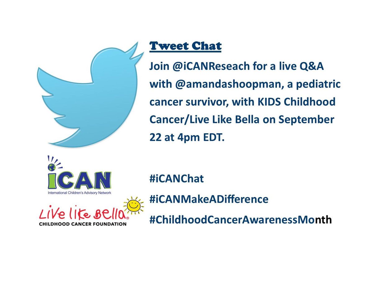 Iamraymondrt's tweet photo. Join us on Twitter and Follow
@AmandaShoopman
from
@iCANResearch
and
@LiveLikeBella
and
@LillyTrials
to hear a young person share her brave story of #ChildhoodCancer and how she has determined to #iCANMakeADifference by supporting others. 4pm TODAY EDT #iCANChat https://t.co/UkZEkY7Qkf