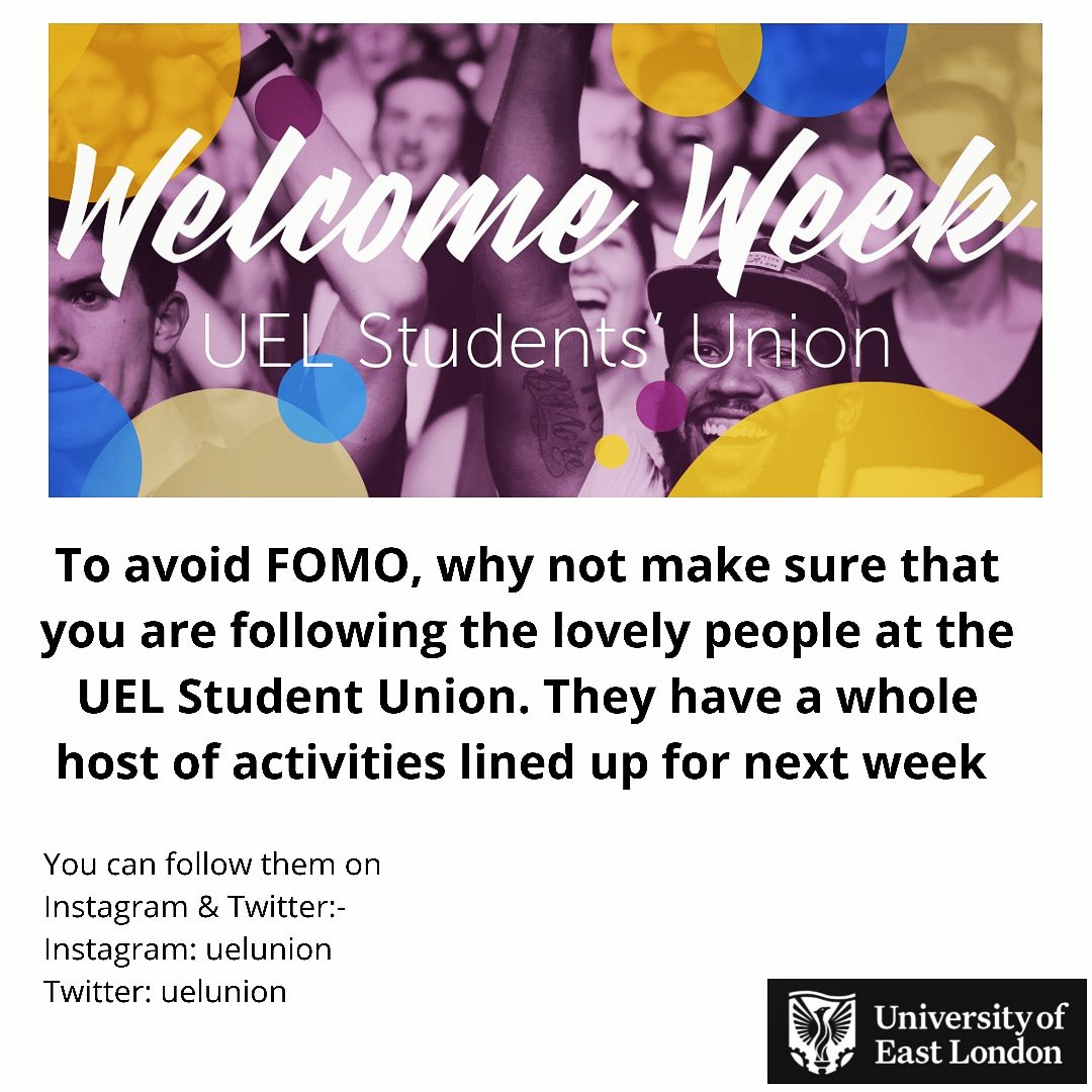 ueatwell's tweet image. Be sure to follow the lovely people at the UEL Student Union....they have so many wonderful activities lined up for Freshers Week, the fun starts tomorrow!!
#freshers2k19🔥 #fresherfair #welcomeweek #newacademicyear #UEL #docklandscampus #stratfordcampus #ueatwell #aramark