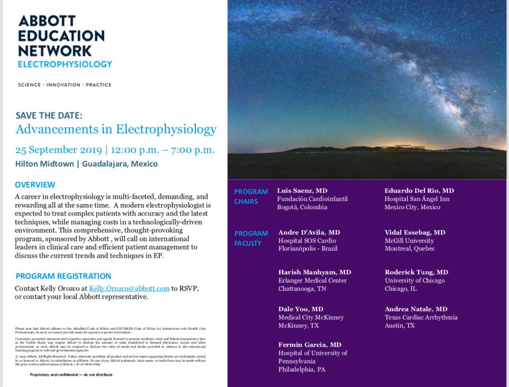 #LAHRS2019 presents  #Abbott Educational Satellite Symposia:            Advancements in Electrophysiology  on sept 25th.
The program will have oustanding faculty and will deal with the latest advancement in HD-mapping in AF and VT, use of ICE for VT and much more.
<a href="/AbbottCardio/">Abbott Cardiovascular</a>