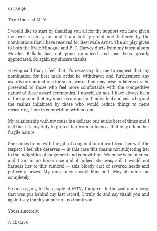 Happy birthday Nick Cave.
Here s a letter he wrote to MTV.. 