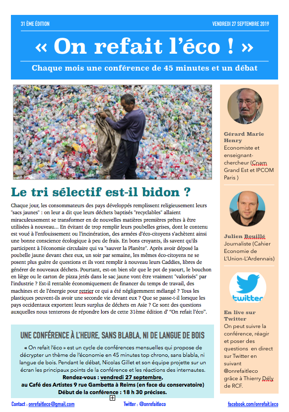 onrefaitleco's tweet image. C'est la rentrée d' @onrefaitleco ce vendredi 27 septembre 18 h 30 au @artistes_cafe pour une conférence de 45 minutes top chrono autour de la question : le tri sélectif est-il bidon ?  @tremillec @JulienBouille