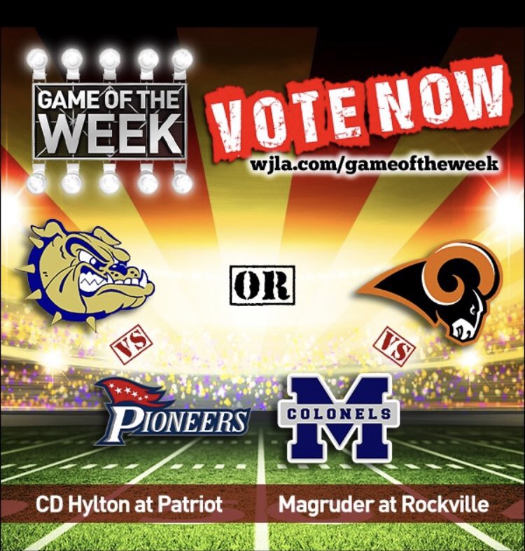 PatriotPioneers's tweet photo. Vote now for @PatriotHS_FB vs @Hylton_Football to Be the WJLA Game of the Week!  @PHSRedNation @HyltonAthletics @SuperPWCS https://t.co/0F1ufNLnct