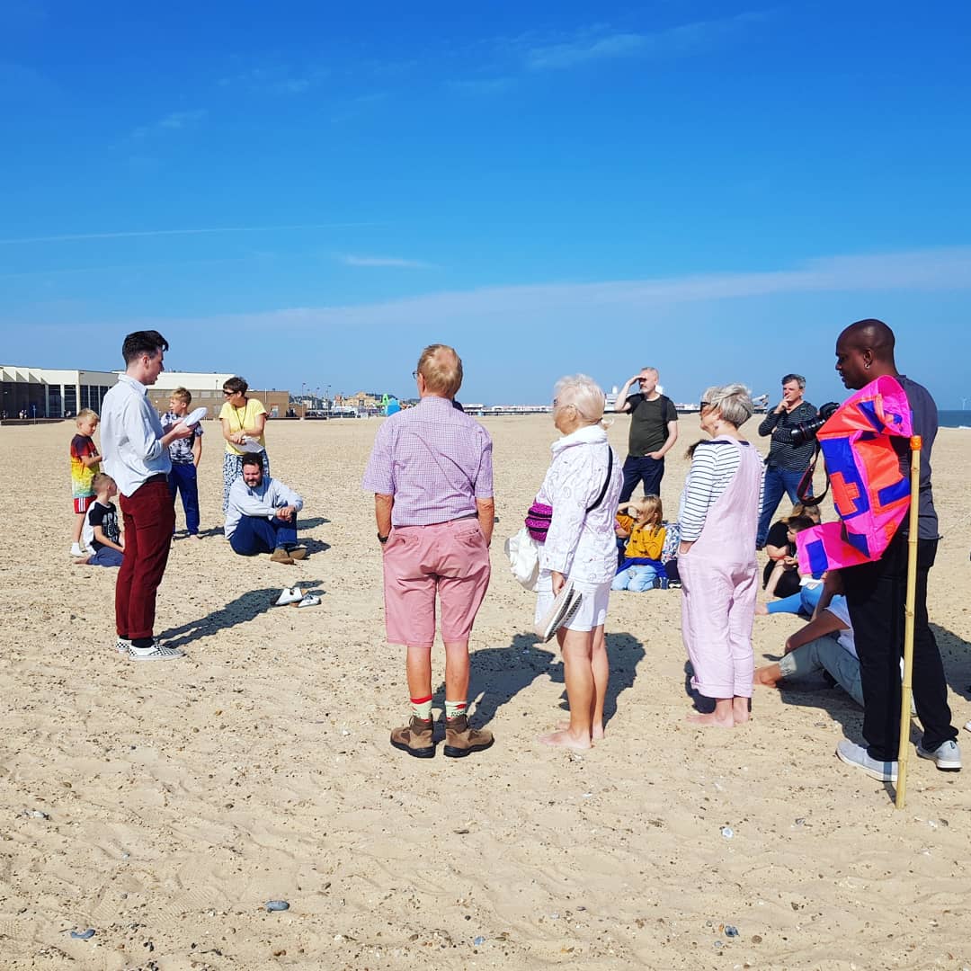 CreateCollide's tweet photo. Amazing day presenting the #firstthereisamountain artwork from artist #katiepaterson on #greatyarmouth beach today! A beautiful reading by Charlie @timetidemuseum from #jeansprackland 's poem &amp; a great turnout from the public.. thankyou to everyone who came and made a mountain!! https://t.co/7ksldQHalq