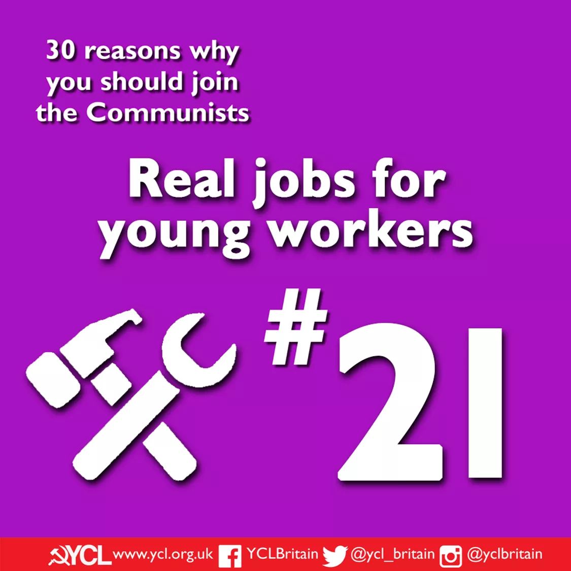 yclbritain's tweet photo. 3️⃣0️⃣ Reasons why you should join the Communists 📝🔴 Reason 2️⃣1️⃣ Real jobs for young workers 🛠

Communists have always played a leading role in the struggle not only for workers’ rights, but for better jobs with better pay, a productive industrial strategy that benefits ... 1/7 https://t.co/wg3A6k4kzO