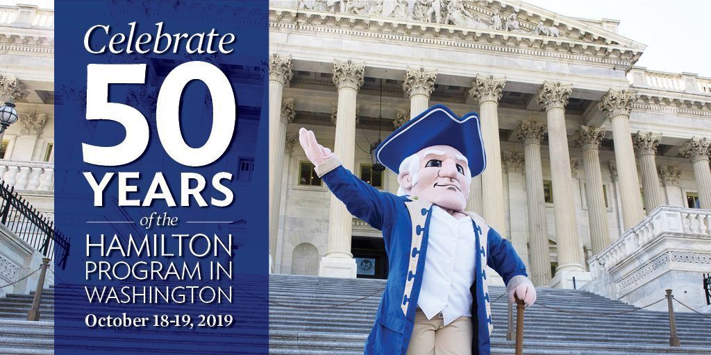 HamiltonCollege's tweet photo. The Hamilton Program in Washington turns 50! Join program faculty, alumni, students, and friends to celebrate the program's history and contributions. https://t.co/KB4GPy9IiE
#offcampusstudy @pklinkne @OBWax @nielslesniewski https://t.co/Uy6AMROqn6