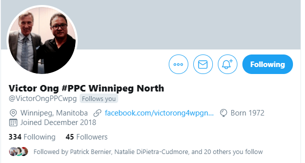 ppclists's tweet photo. We just added the Twitter account for:
Nous venons d’ajouter le compte Twitter de:

Victor Ong
@VictorOngPPCwpg
Winnipeg North, MB (@PPCWinnipegNEDA)

to these lists / à ces listes:
2019 Candidates: https://t.co/HqntTfIfSt
Manitoba EDAs: https://t.co/sn1RsPvNoi https://t.co/yHQV41JCfo