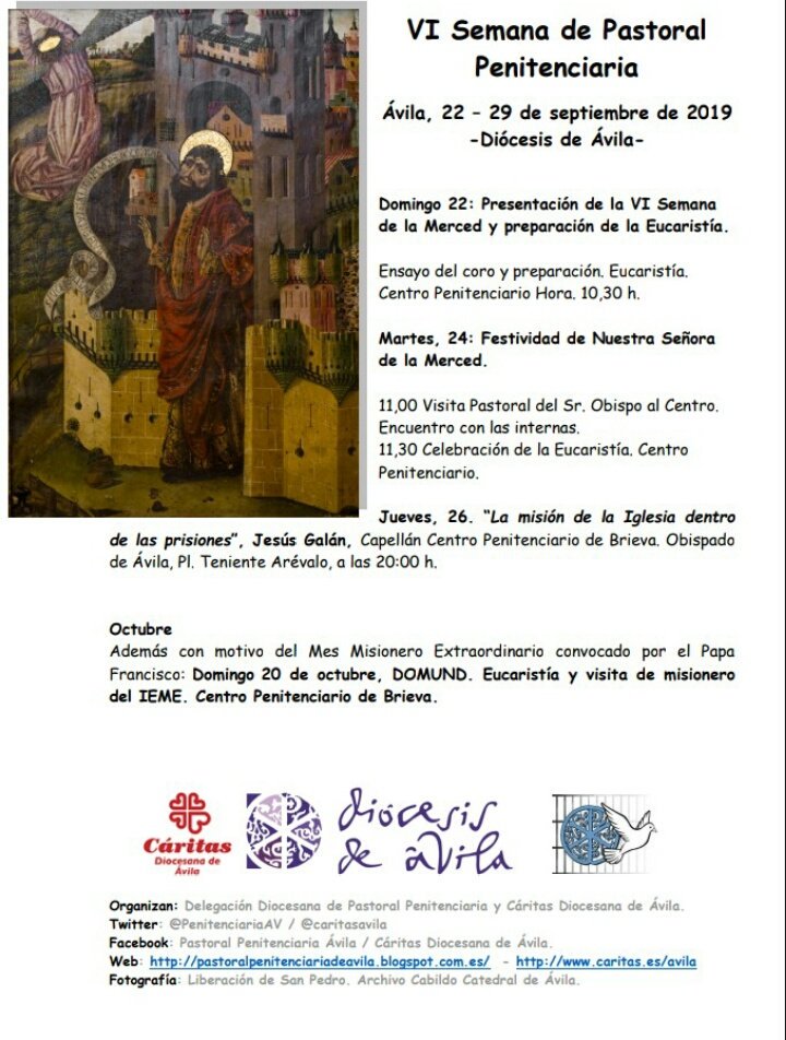 PenitenciariaAV's tweet photo. Hoy ha dado comienzo la 6ª semana de Pastoral Penitenciaria de la @diocesisdeavila #Ávila 
Nuestro obispo @jmgilt nos acompañará el martes en la #prisión de #Brieva para celebrar la Virgen de la Merced, patrona de las personas encarceladas y los funcionarios de prisiones https://t.co/PUDAocTyIu