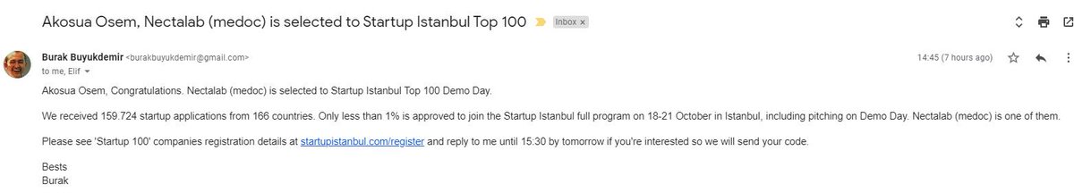 aqosuwafrimpong's tweet photo. Hurray after about 5 stages, we were chosen out of 159,724 startups as part of 100 startups for a demo day at Startup Istanbul. We are proud of ourselves. We are still working hard to make Nectalab the best. https://t.co/lAN2DPAMnD