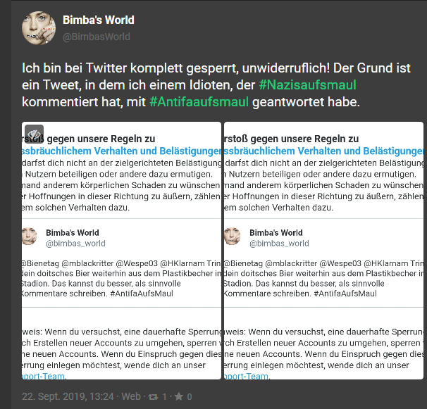 WiedenhoeferMdL's tweet photo. Heftig,

mit @Bimbas_world wurde ein weiterer Account gesperrt welchen
- zumindest ich - 
als völlig legitim wahrgenommen habe

Ich kann mich nicht entsinnen je etwas unangemessenes, geschweige denn strafbare gelesen zu haben

In Anhang 2 Ihre Erklärung dazu

Bitte Retweet https://t.co/ikdqDtlaGV