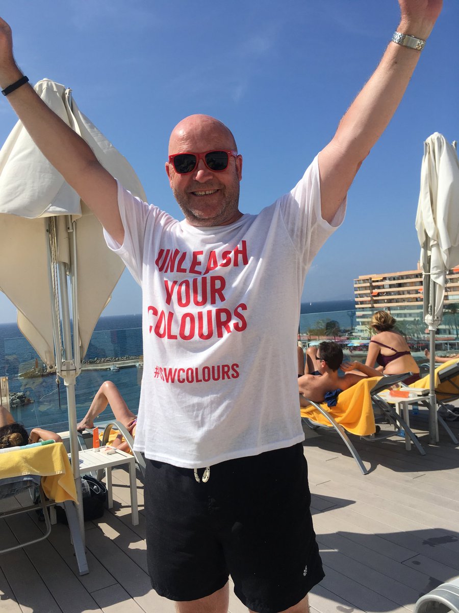Robbaker1962's tweet photo. You can take the boy out of ⁦@uswstaff⁩ but you won’t take USW out of the boy. Unleashing my colours in stunning Majorca, USW sunglasses to boot. #uswfamily Missing everyone already https://t.co/jrYYHpS7oB