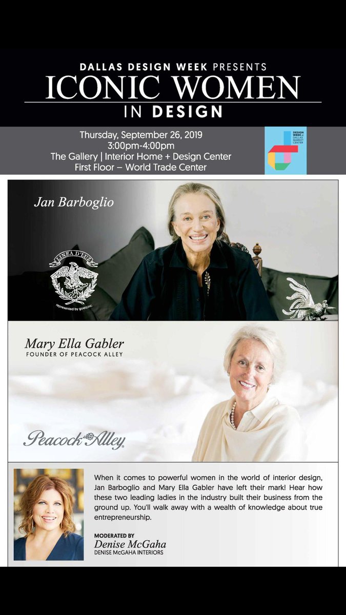 DeniseMcGaha's tweet image. Can’t wait to moderate a conversation w/these two powerful &amp;amp; talented women of design... Jan Barboglio &amp;amp; Mary Ella Gabler.  If you’re at Dallas Design Week, @DallasMarket this week, put this event on your calendar.  Sept. 26th, 3:00. #entrepreneurship #dallasdesignweek
