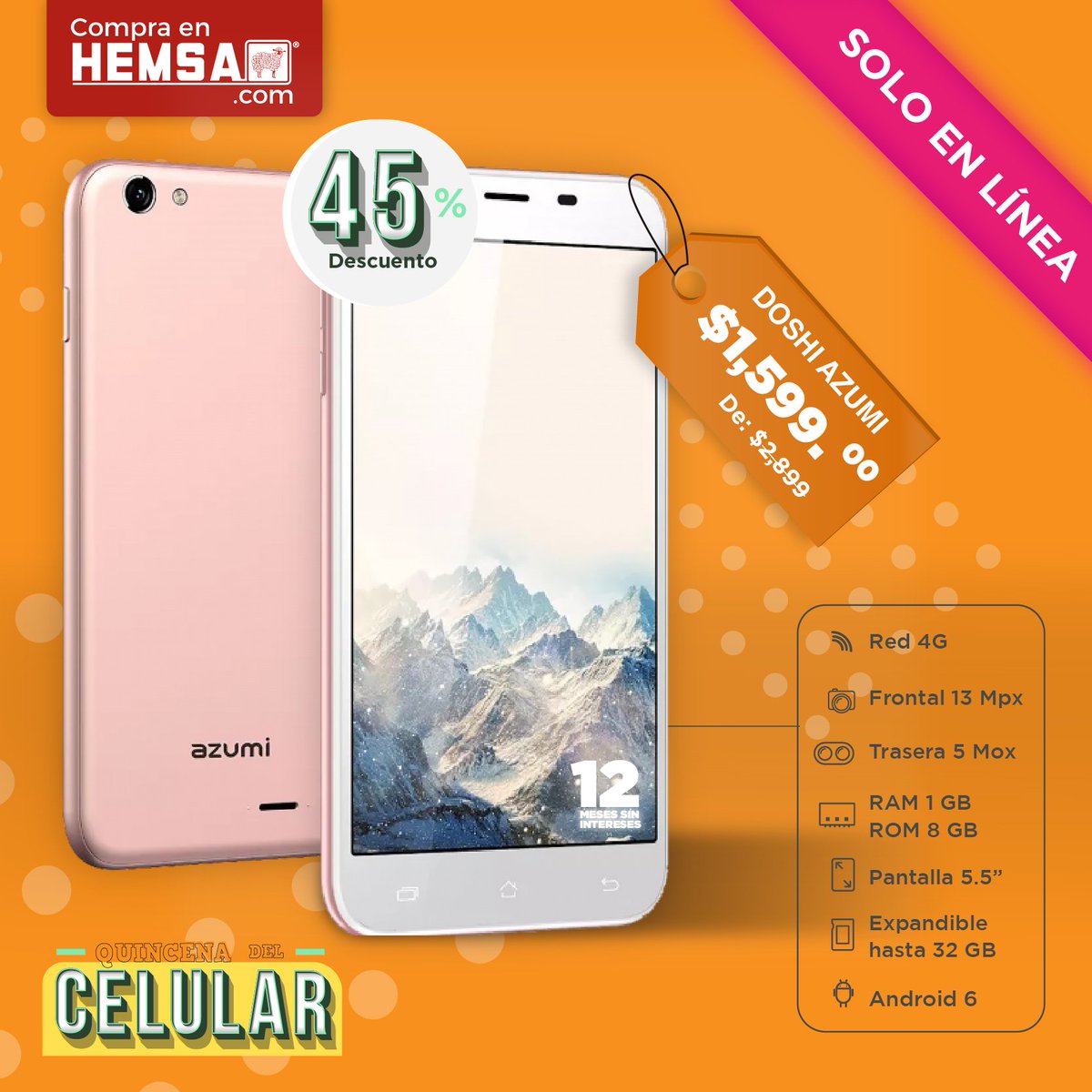 hemsa's tweet photo. ¡Celulares para todos! Aprovecha los grandes descuentos de la quincena del celular que tenemos en #HemsaEnLínea, como este Doshi Azumi con 45% de descuento + 12 meses sin intereses + envío gratis.​

Compra en 👉 https://t.co/XzAbgr4fgy https://t.co/ce4OnHBaON
