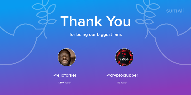 Our biggest fans this week: ejioforkel, cryptoclubber. Thank you! via sumall.com/thankyou?utm_s…