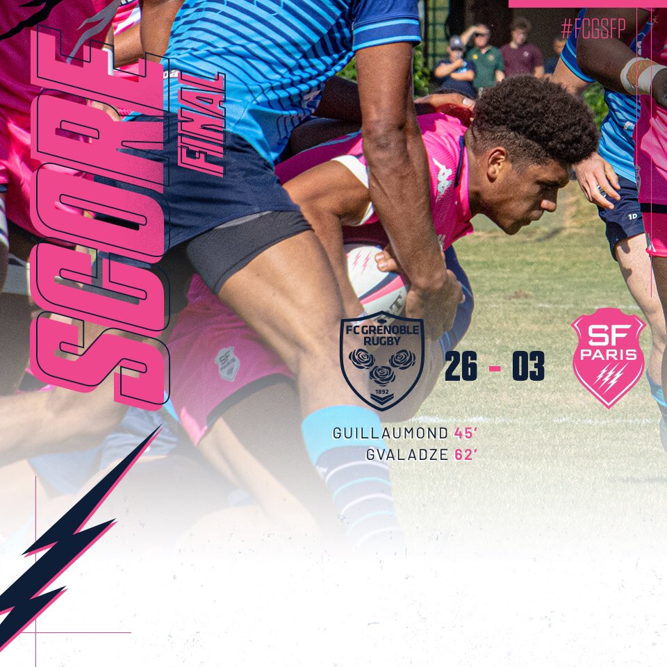 SFParisRugby's tweet photo. ⏱ FIN DU MATCH | 2️⃣6️⃣-0️⃣3️⃣
Les Espoirs parisiens s’inclinent dans cette seconde journée face aux Grenoblois.
Rendez-vous samedi prochain pour la réception du @CastresRugby !
#FCGSFP https://t.co/tK9FMbMiZ1