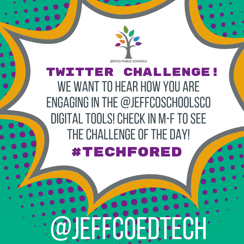Hey, <a href="/JeffcoSchoolsCo/">Jeffco Public Schools</a> we are hosting a Twitter challenge that will run M-F! This month's topic is on the #TechforEd Digital Tools that were purchased using 5A funds. Check in tomorrow to see challenge #1, and retweet this post so others can join in! #jeffcogenerations