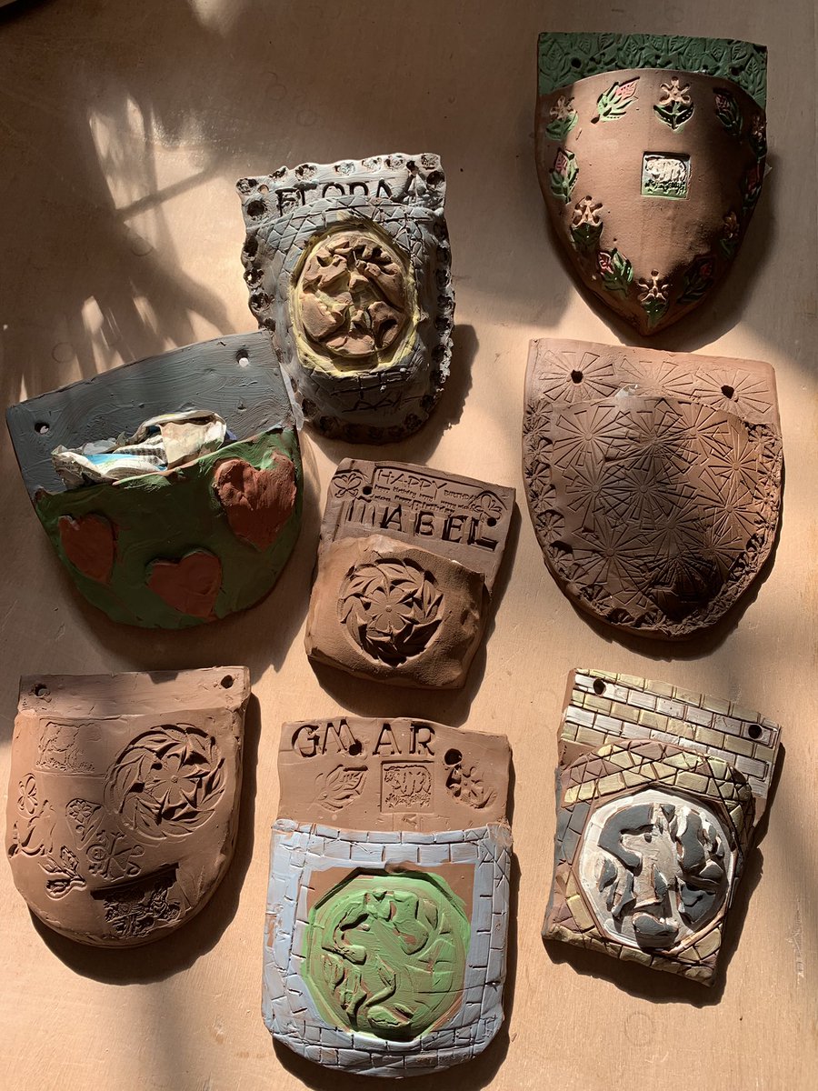 Wall planters/ pockets made last weekend by the second Saturday group. This session is for #families with children with #SEN and their siblings. 
Two firings and then they can be taken home. 
Wonder what they will have kept in them? #pottery #clay #learning #making